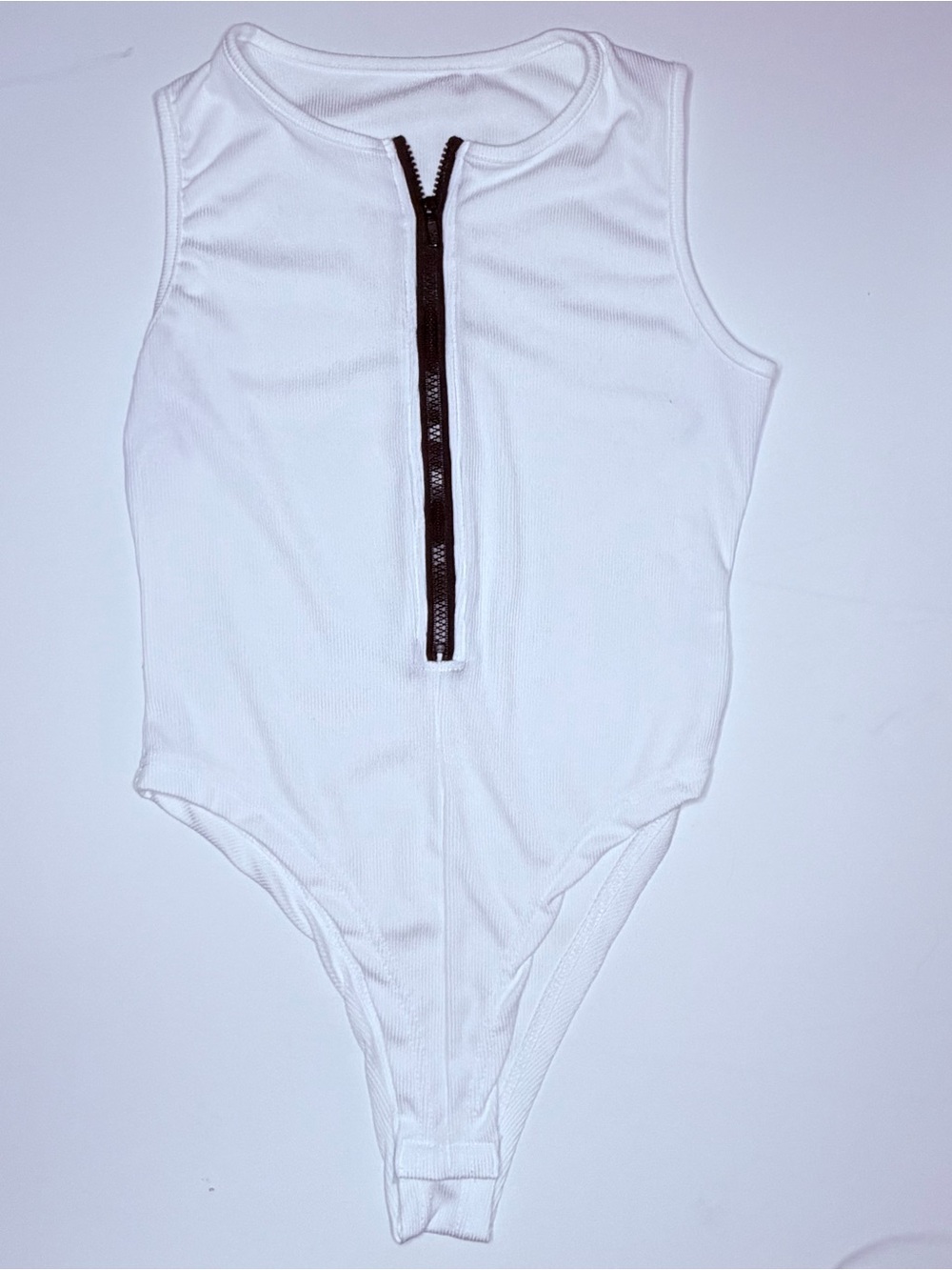 White Ribbed Zip-Front Bodysuit